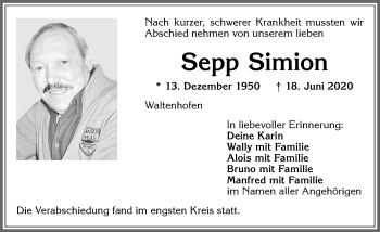 Traueranzeige von Sepp Simion von Allgäuer Zeitung,Kempten