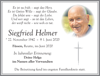 Traueranzeige von Siegfried Helmer von Allgäuer Zeitung, Füssen