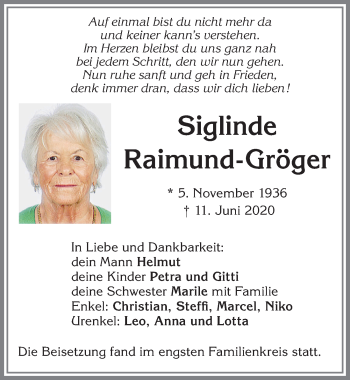 Traueranzeige von Siglinde Raimund-Gröger von Allgäuer Zeitung
