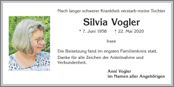 Traueranzeige von Silvia Vogler von Allgäuer Zeitung, Kaufbeuren/Buchloe