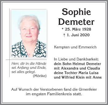 Traueranzeige von Sophie Demeter von Allgäuer Zeitung,Kempten