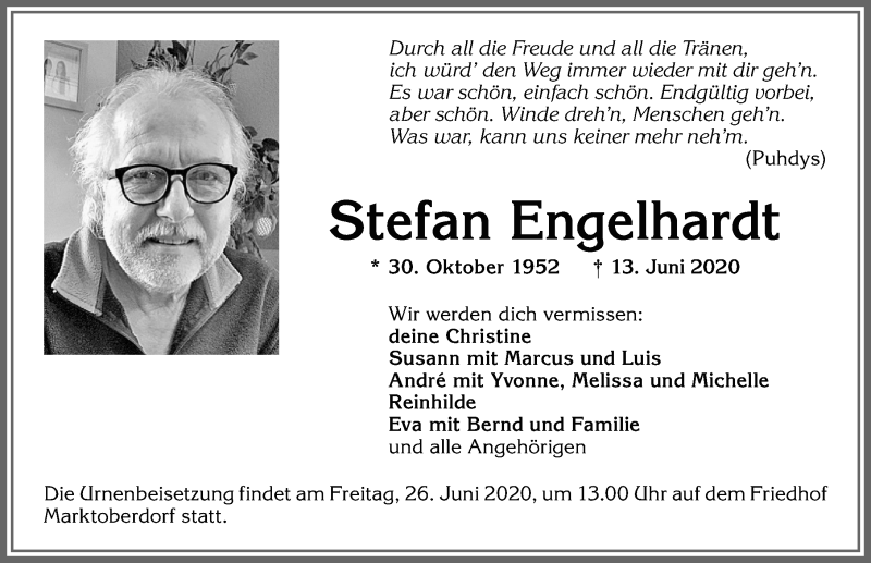  Traueranzeige für Stefan Engelhardt vom 24.06.2020 aus Allgäuer Zeitung, Marktoberdorf