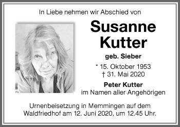 Traueranzeige von Susanne Kutter von Memminger Zeitung
