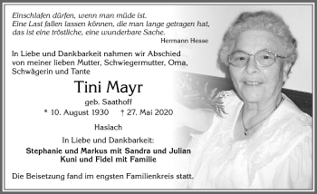 Traueranzeige von Tini Mayr von Allgäuer Zeitung,Kempten