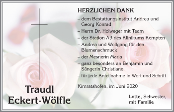 Traueranzeige von Traudl Eckert-Wölfle von Allgäuer Zeitung,Kempten