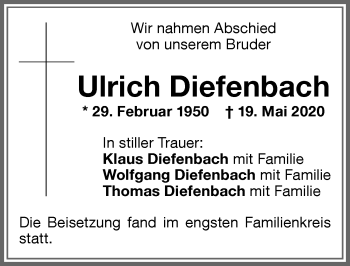 Traueranzeige von Ulrich Diefenbach von Memminger Zeitung
