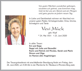 Traueranzeige von Vevi Mück von Allgäuer Zeitung, Füssen