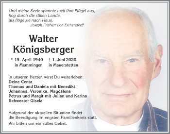 Traueranzeige von Walter Königsberger von Allgäuer Zeitung, Kaufbeuren/Buchloe