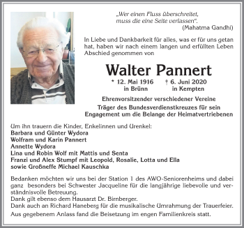 Traueranzeige von Walter Pannert von Allgäuer Zeitung,Kempten