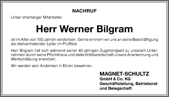 Traueranzeige von Werner Bilgram von Memminger Zeitung