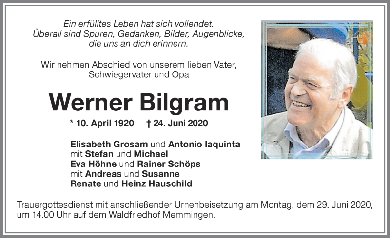  Traueranzeige für Werner Bilgram vom 27.06.2020 aus Memminger Zeitung