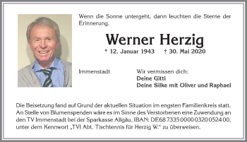 Traueranzeige von Werner Herzig von Allgäuer Anzeigeblatt