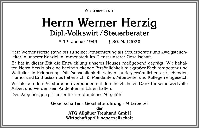  Traueranzeige für Werner Herzig vom 06.06.2020 aus Allgäuer Zeitung,Kempten
