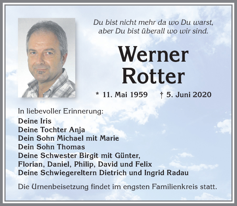  Traueranzeige für Werner Rotter vom 10.06.2020 aus Allgäuer Zeitung, Marktoberdorf