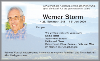 Traueranzeige von Werner Storm von Allgäuer Zeitung,Kempten