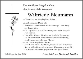 Traueranzeige von Wilfriede Neumann von Der Westallgäuer