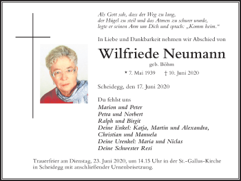 Traueranzeige von Wilfriede Neumann von Der Westallgäuer