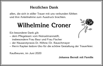 Traueranzeige von Wilhelmine Croner von Allgäuer Zeitung, Kaufbeuren/Buchloe