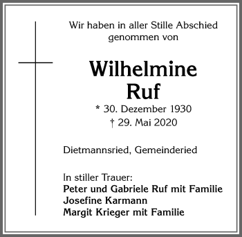Traueranzeige von Wilhelmine Ruf von Allgäuer Zeitung,Kempten