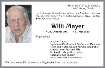 Traueranzeige von Willi Mayer von Allgäuer Zeitung,Kempten