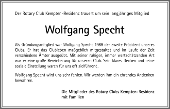 Traueranzeige von Wolfgang Specht von Allgäuer Zeitung,Kempten