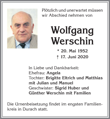 Traueranzeige von Wolfgang Werschin von Allgäuer Zeitung,Kempten