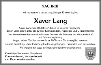 Traueranzeige von Xaver Lang von Allgäuer Zeitung, Füssen