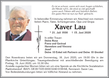 Traueranzeige von Xaver Lau von Allgäuer Zeitung, Marktoberdorf