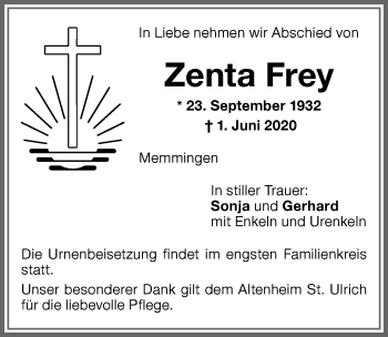 Traueranzeige von Zenta Frey von Memminger Zeitung