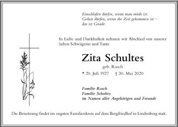 Traueranzeige von Zita Schultes von Der Westallgäuer