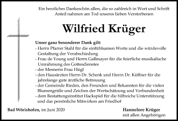 Traueranzeige von Wilfried Krüger von Allgäuer Zeitung, Kaufbeuren und Buchloe