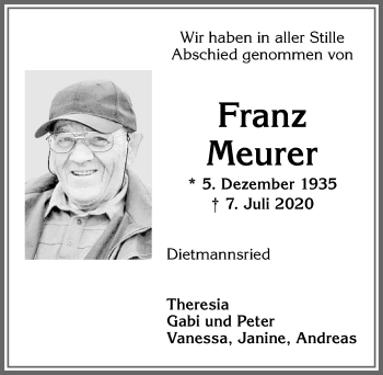 Traueranzeige von Franz Meurer von Allgäuer Zeitung,Kempten