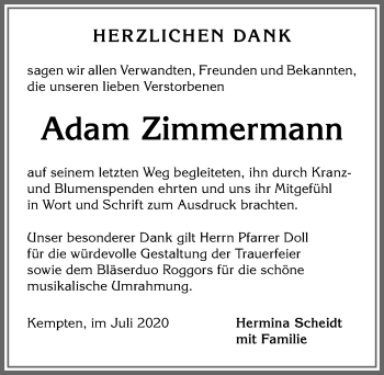 Traueranzeige von Adam Zimmermann von Allgäuer Zeitung,Kempten