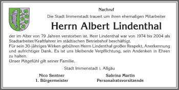 Traueranzeige von Albert Lindenthal von Allgäuer Anzeigeblatt