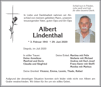 Traueranzeige von Albert Lindenthal von Allgäuer Anzeigeblatt