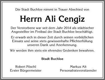 Traueranzeige von Ali Cengiz von Allgäuer Zeitung, Kaufbeuren/Buchloe