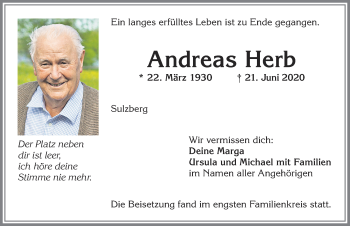 Traueranzeige von Andreas Herb von Allgäuer Zeitung,Kempten
