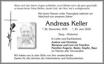 Traueranzeige von Andreas Keller von Allgäuer Zeitung, Füssen