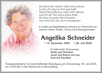Traueranzeige von Angelika Schneider von Allgäuer Zeitung,Kempten