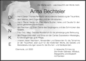 Traueranzeige von Anna Bechteler von Der Westallgäuer