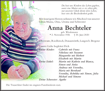 Traueranzeige von Anna Bechteler von Der Westallgäuer