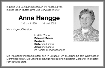 Traueranzeige von Anna Hengge von Memminger Zeitung