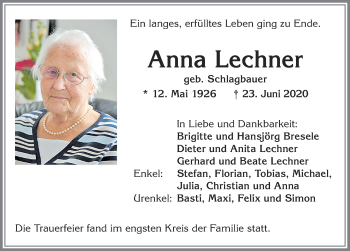 Traueranzeige von Anna Lechner von Allgäuer Zeitung,Kempten
