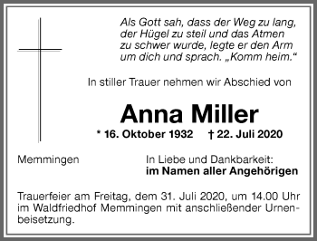 Traueranzeige von Anna Miller von Memminger Zeitung