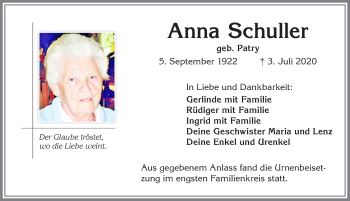 Traueranzeige von Anna Schuller von Allgäuer Zeitung,Kempten
