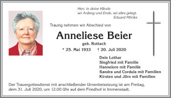 Traueranzeige von Anneliese Beier von Allgäuer Anzeigeblatt