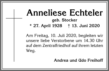 Traueranzeige von Anneliese Echteler von Allgäuer Zeitung,Kempten
