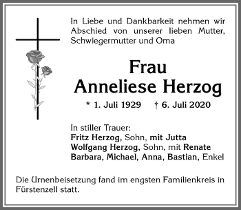 Traueranzeige von Anneliese Herzog von Allgäuer Anzeigeblatt