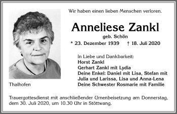 Traueranzeige von Anneliese Zankl von Allgäuer Zeitung, Kaufbeuren/Buchloe