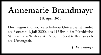 Traueranzeige von Annemarie Brandmayr von Der Westallgäuer